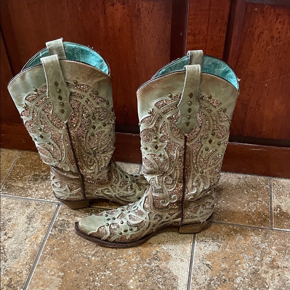 Corral Glitter Embellished Green Women's Western Boots Genuine Leather Snip Toe - Picture 7 of 8